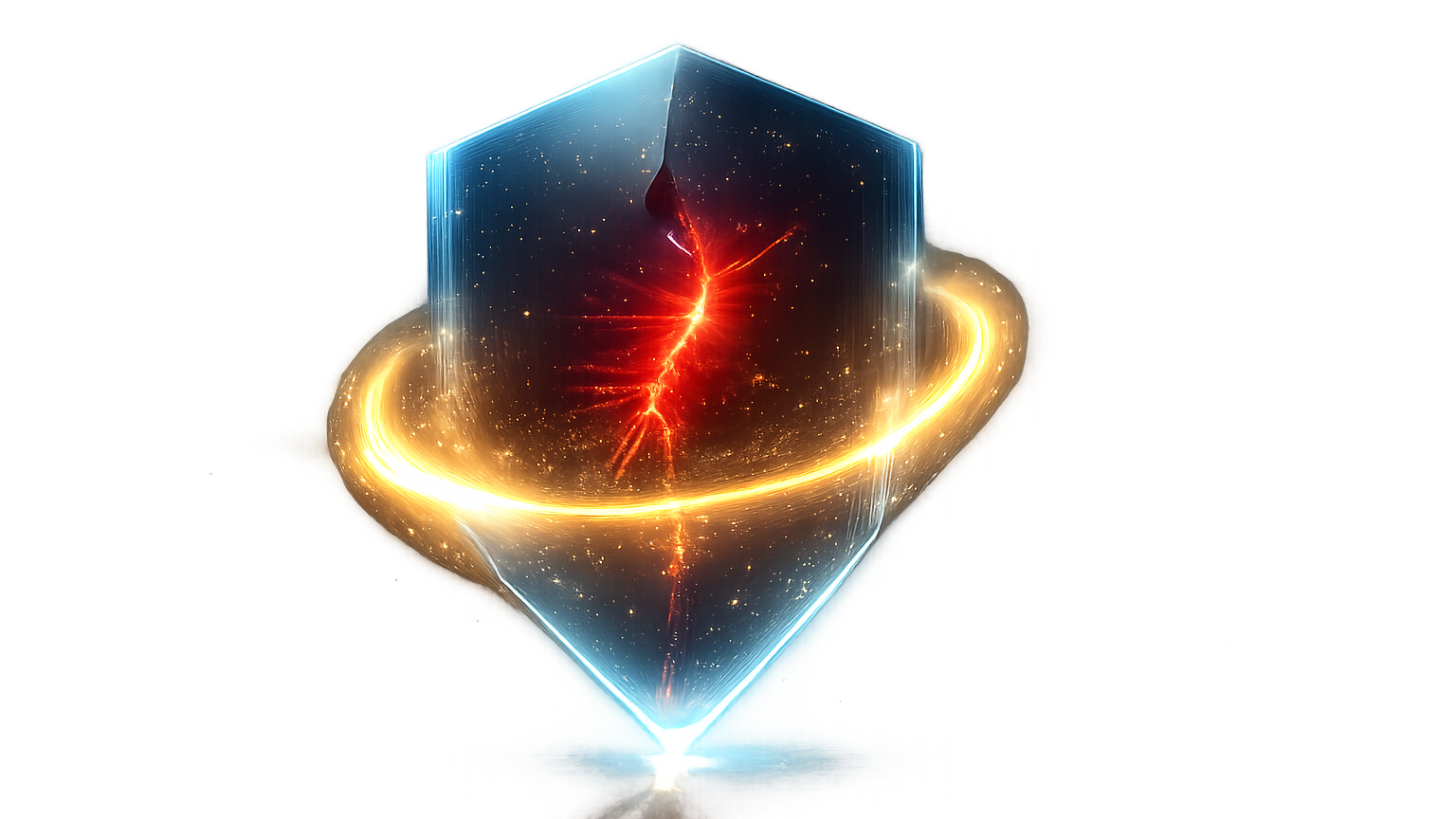 Escudo de wallet hexagonal com fissura vermelha contida por aura dourada, ilustrando hack na Trust Wallet e reembolso da Binance