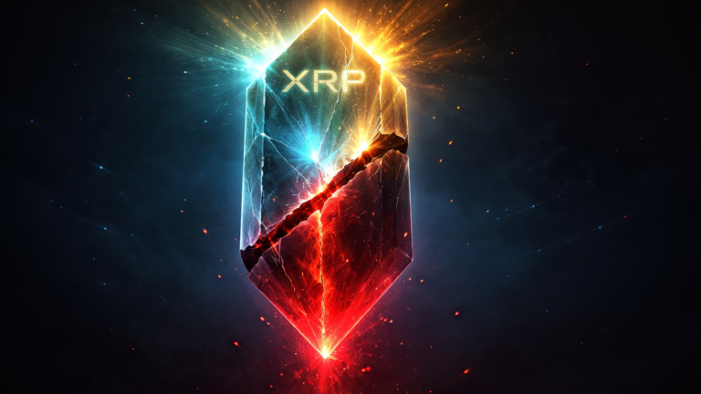 Cristal hexagonal XRP com metade superior luminosa dourada-cyan e inferior rachada vermelha, contrastando recorde histórico e hack da Trust Wallet