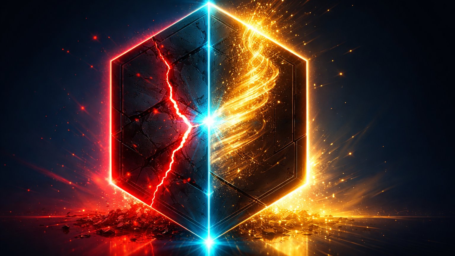 Estrutura hexagonal dividida com rachadura vermelha e fluxo dourado ascendente, simbolizando hack na Trust Wallet e raises bilionários em cripto