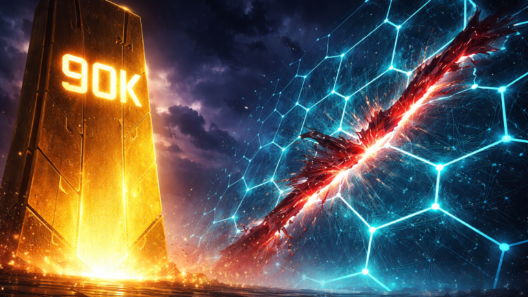 Monolito dourado com 90K gravado contrastando com rede hexagonal rachada vermelha, simbolizando alta do BTC e exploit na Flow em tensões geopolíticas