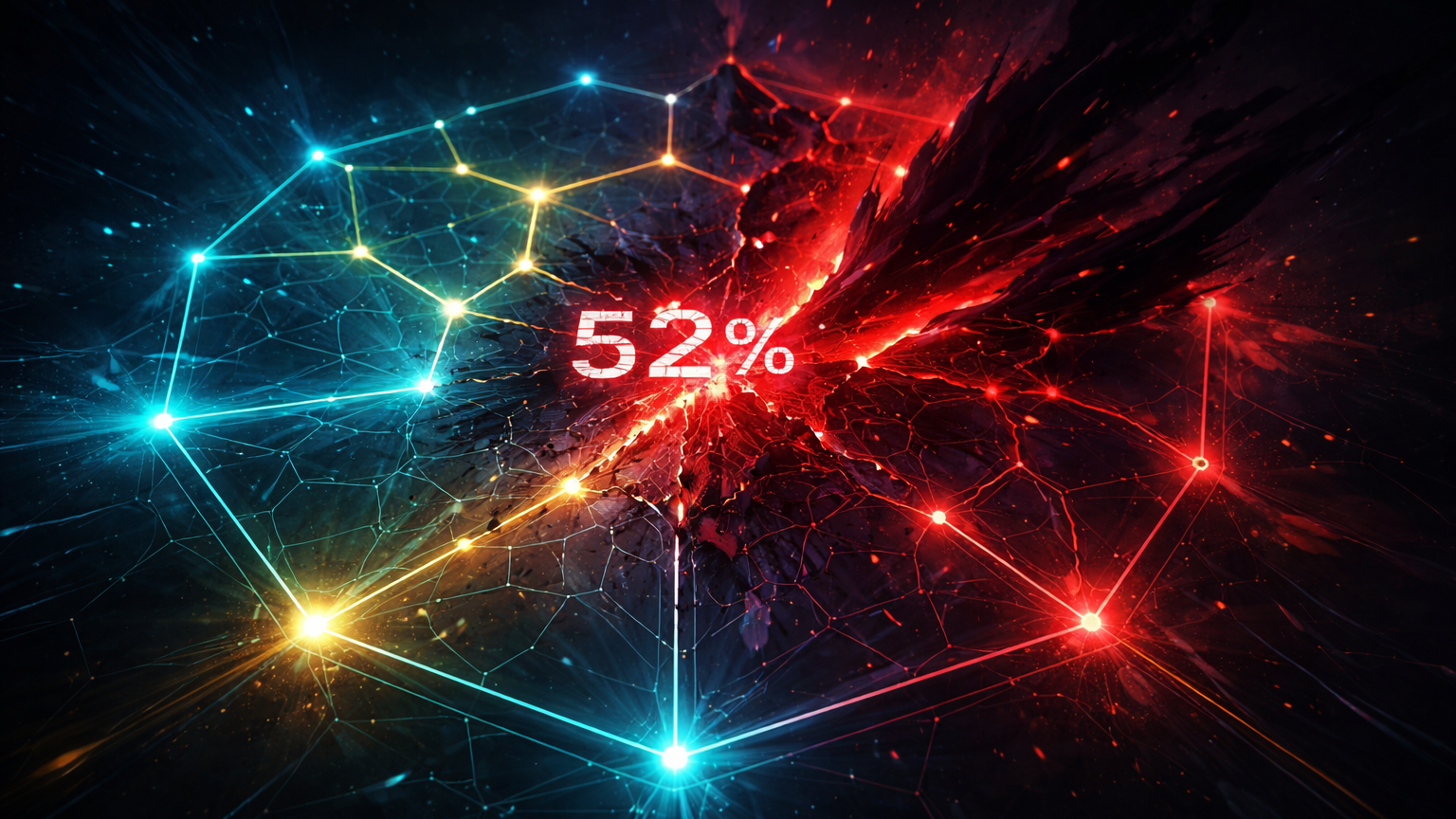 Rede hexagonal Web3 com 52% corrompido em vermelho por sombra infiltrante, destacando perdas causadas pela Coreia do Norte em 2025