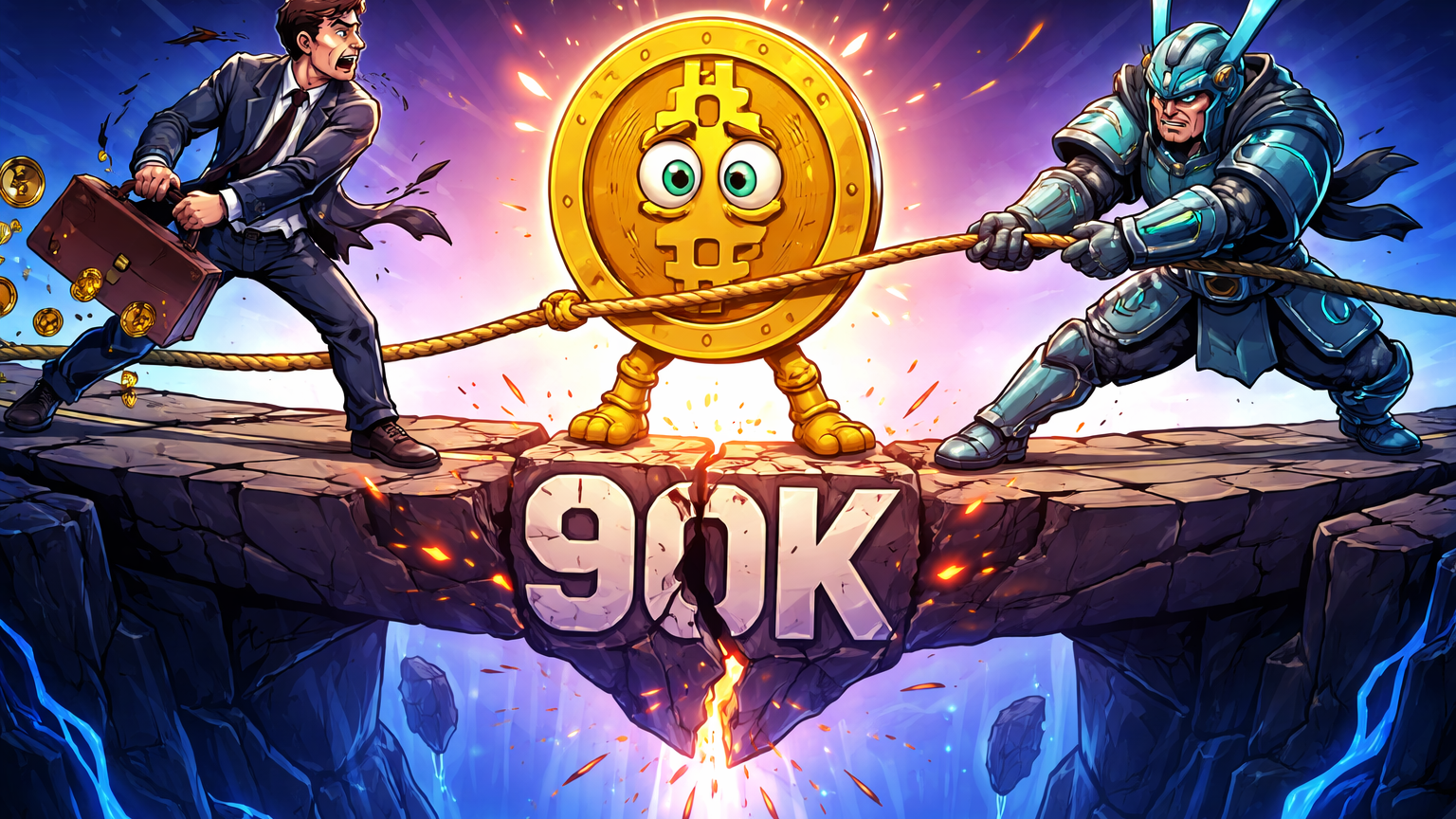Executivo cartoon derramando moedas BTC de ponte rachada em 90K, com personagem de suporte estendendo corda, ilustrando pressão da Galaxy Digital