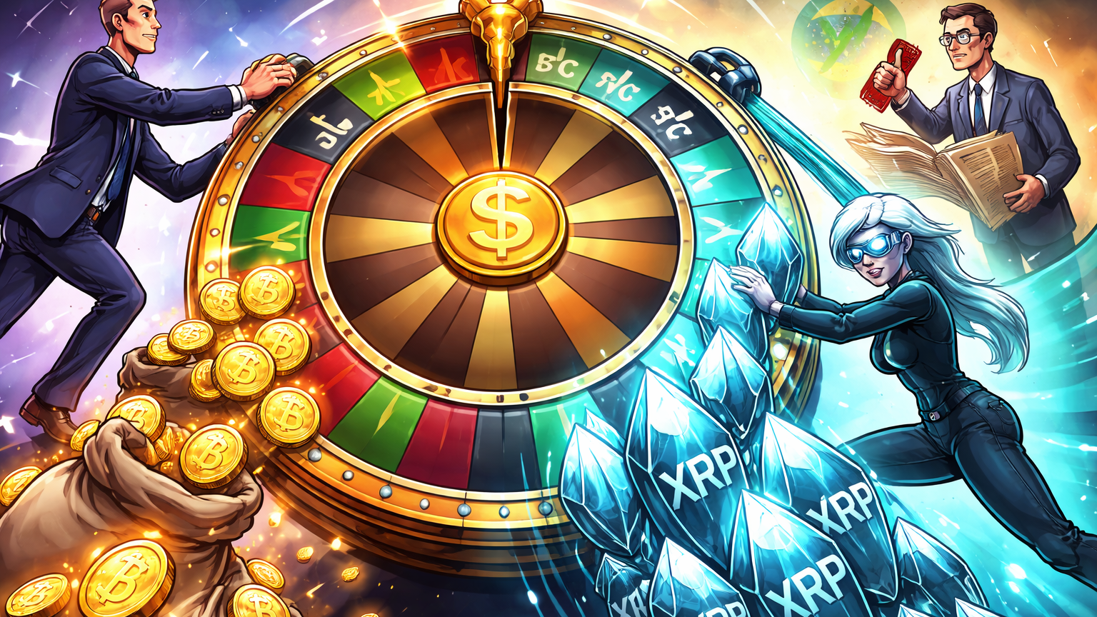 Figuras cartoon institucionais girando roda financeira com BTC saindo e XRP crescendo, ao lado de aprovação regulatória brasileira