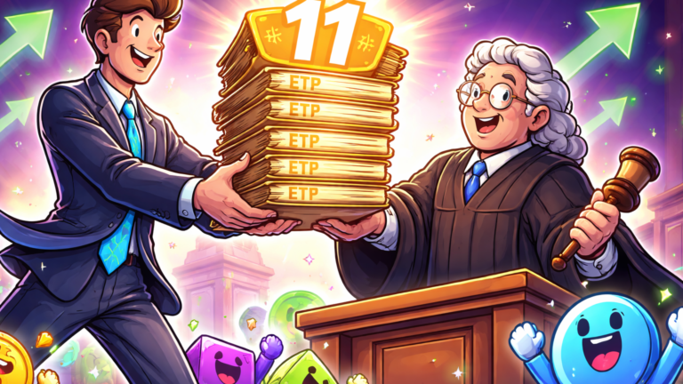 Executivo cartoon entregando pilha de 11 propostas ETF à figura SEC, com altcoins celebrando alta do mercado, simbolizando otimismo institucional