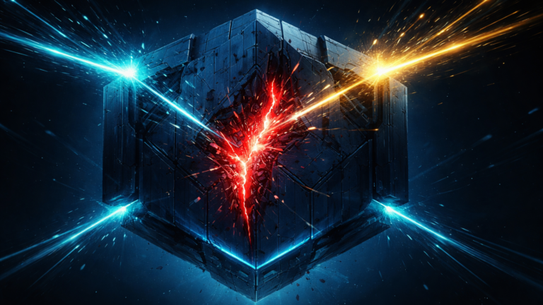 Fortaleza digital com brecha vermelha sendo selada por fluxos dourados e cyan, simbolizando hacks recordes vs avanços institucionais de Tether e JPMorgan