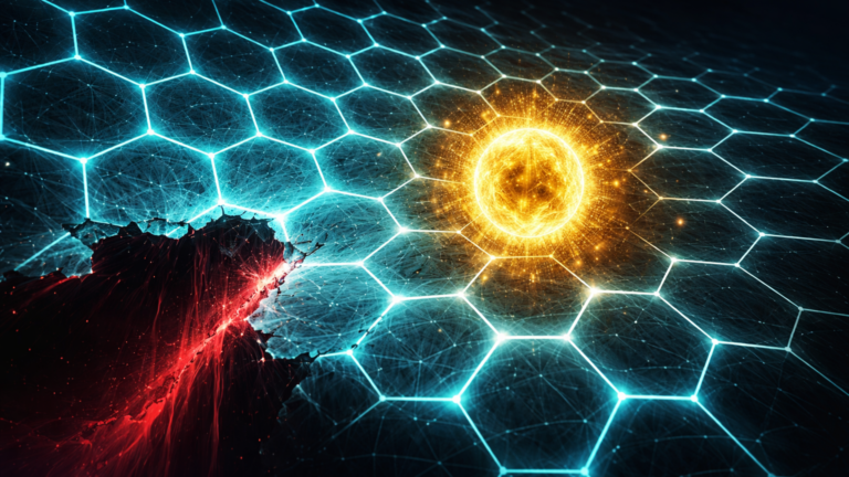 Rede hexagonal cyan com brecha vermelha drenando energia contrastando núcleo dourado sólido, simbolizando exploit EVM e acumulação de BTC pela Tether