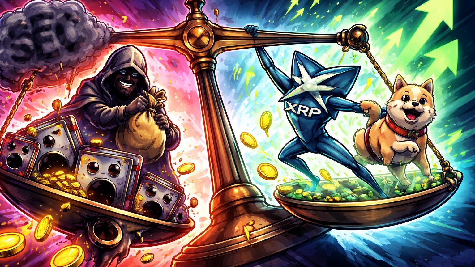 Balança cartoon do mercado com carteiras EVM vazando e hacker de um lado, XRP e memecoin puxando do outro, marcando hacks e ralis em 2026