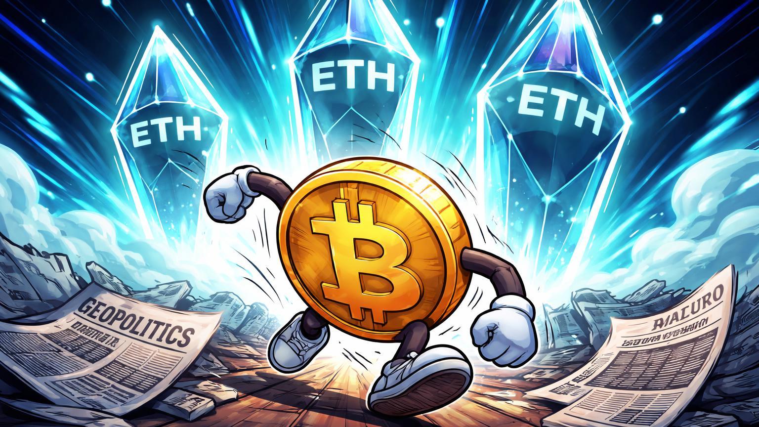 Personagem cartoon representando o mercado cripto reagindo rapidamente a manchetes geopolíticas sobre Maduro, com luzes de ETFs de Ethereum ao fundo.