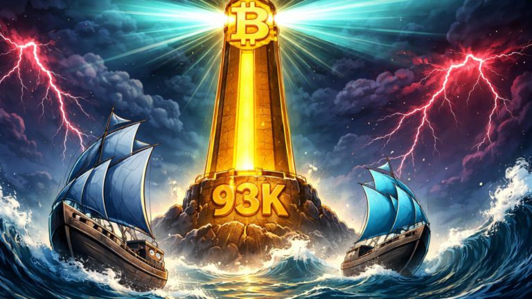 Farol Bitcoin dourado com 93K brilhando em tempestade vermelha, navios institucionais navegando ao seu encontro apesar de tensões geopolíticas na América Latina