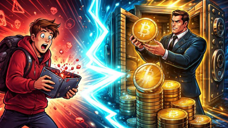 Trader cartoon com wallet rachada vazando dados contrastando com executivo institucional empilhando BTC e ETH, simbolizando crise de segurança vs compras massivas