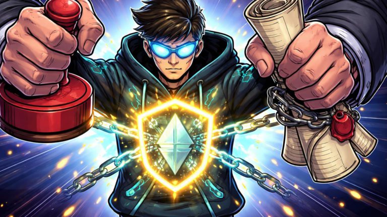 Investidor cartoon espremido por mãos burocráticas com carimbo chinês e selo RICO, protegido por escudo ETH staking, simbolizando cerco regulatório em RWA e DeFi