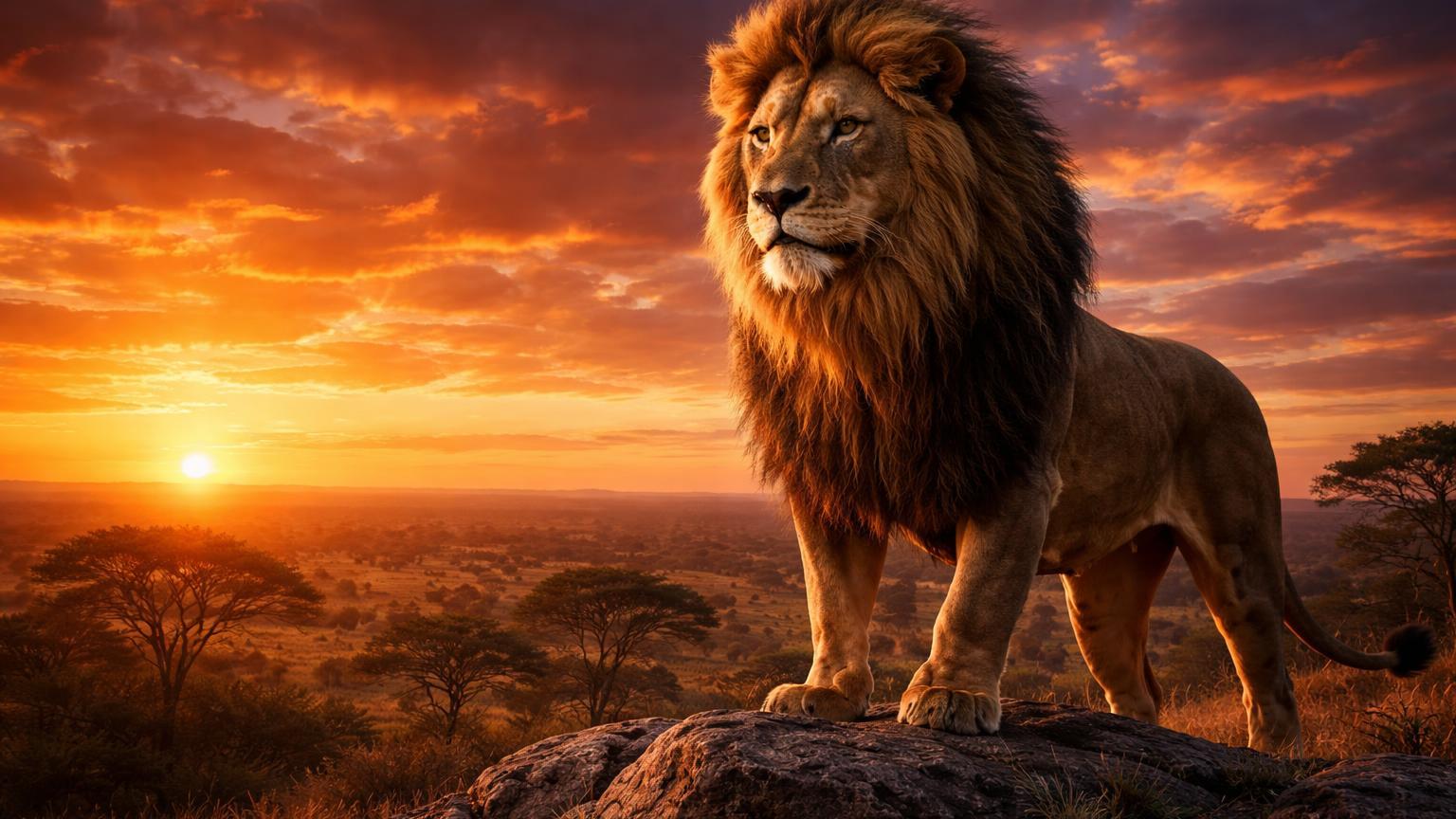 A lion on a rock overlooking the savanna at sunset