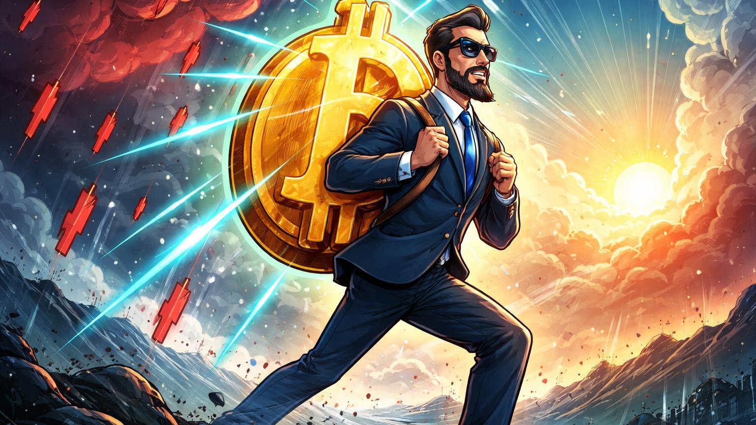 Executivo cartoon carregando mochila gigante de Bitcoin por tempestade financeira, simbolizando compra agressiva da Strategy apesar de prejuízos bilionários
