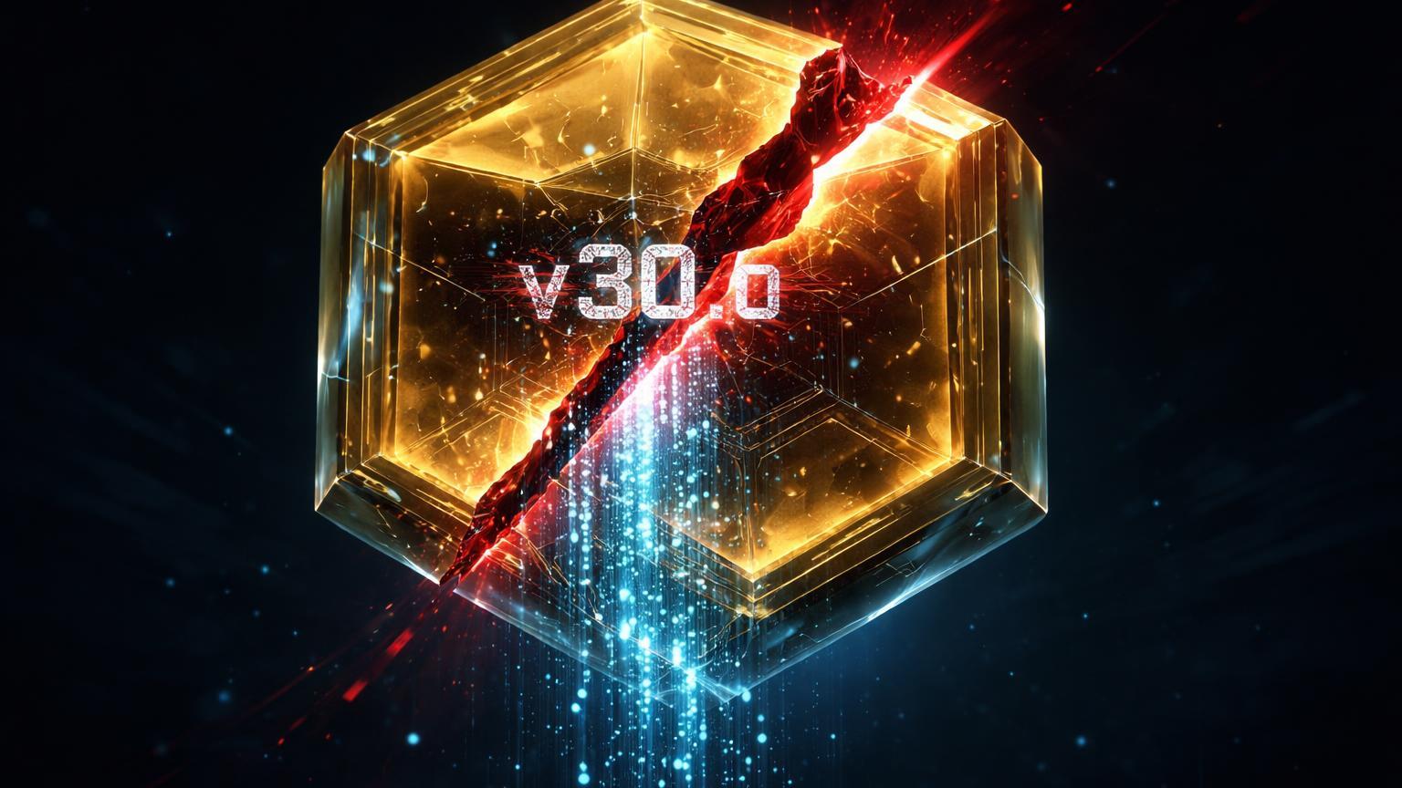 Cofre cristalino dourado de carteira Bitcoin com rachadura vermelha glitchada v30.0 e dados cyan vazando, alertando bug no Core