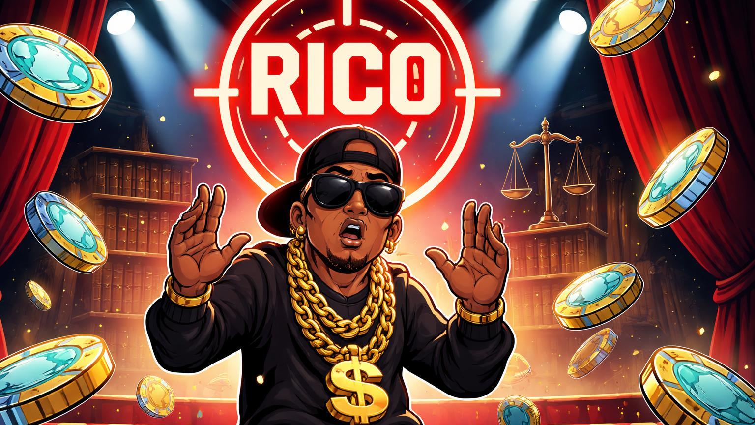 Personagem cartoon de rapper sob mira judicial 'RICO' vermelha com fichas de cassino crypto caindo, ilustrando processo por promoção da Stake