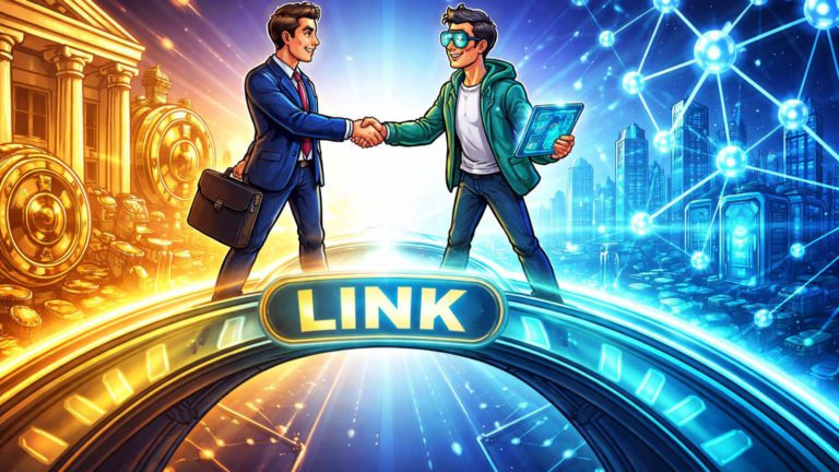 Personagens cartoon estilizados conectando ponte cyan-dourada entre finanças tradicionais e DeFi com símbolo LINK, marcando aprovação de ETF Chainlink