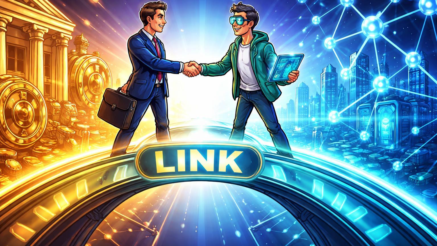 Personagens cartoon estilizados conectando ponte cyan-dourada entre finanças tradicionais e DeFi com símbolo LINK, marcando aprovação de ETF Chainlink