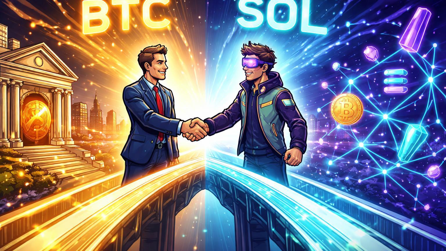 Executivos cartoon de banco e cripto apertando mãos sobre ponte luminosa com BTC e SOL, simbolizando pedido de ETFs pela Morgan Stanley