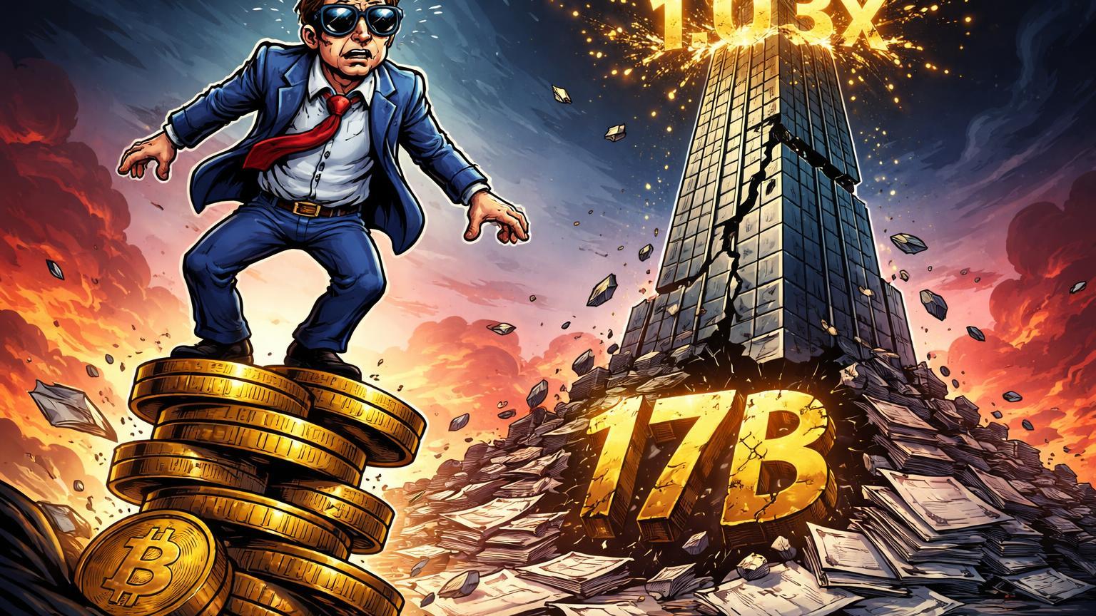 Personagem cartoon de CEO preocupado sobre plataforma instável de BTC com torre corporativa rachando e mNAV 1.03x colapsando, crise na Strategy