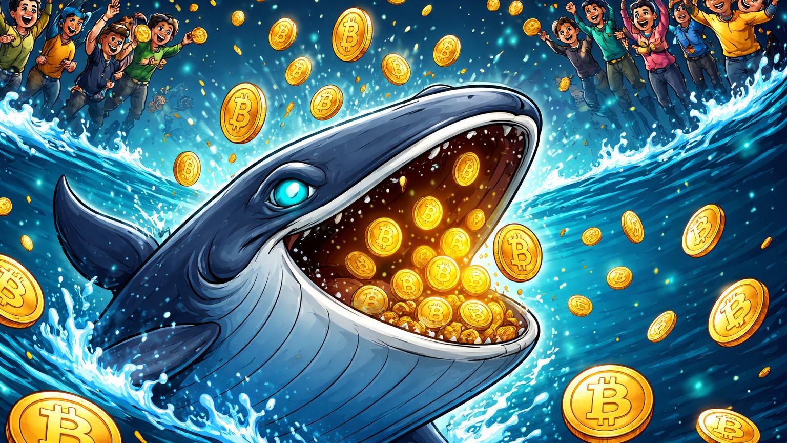 Baleia gigante cartoon acumulando moedas BTC caindo de pequenos investidores vendendo, simbolizando dinâmica on-chain em Bitcoin a US$ 93k
