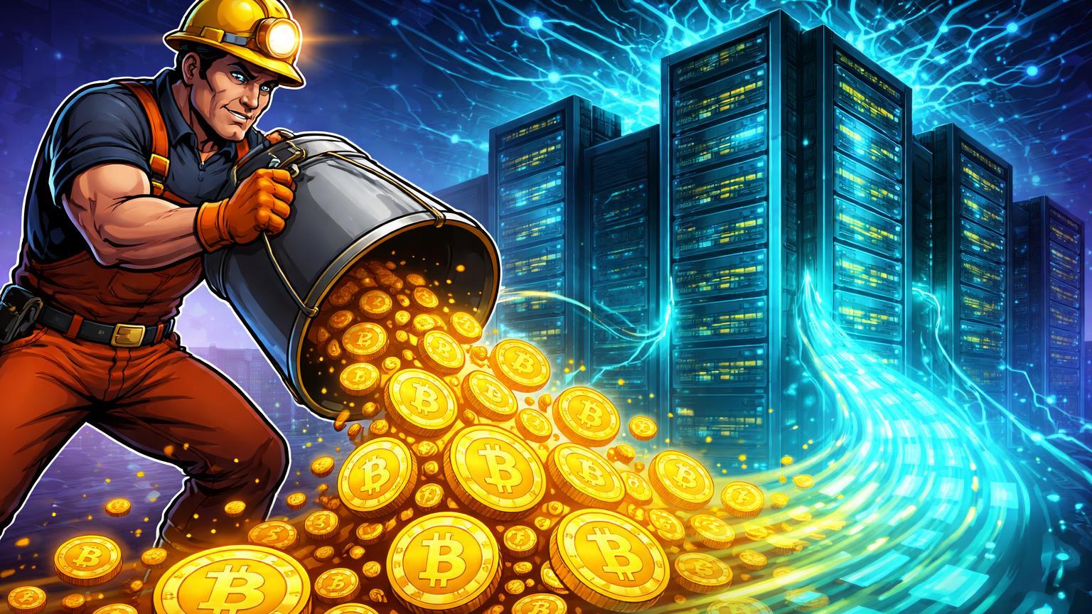 Minerador cartoon despejando fluxo dourado de BTC em data center IA cyan, representando venda de US$ 200 mi pela Riot Platforms
