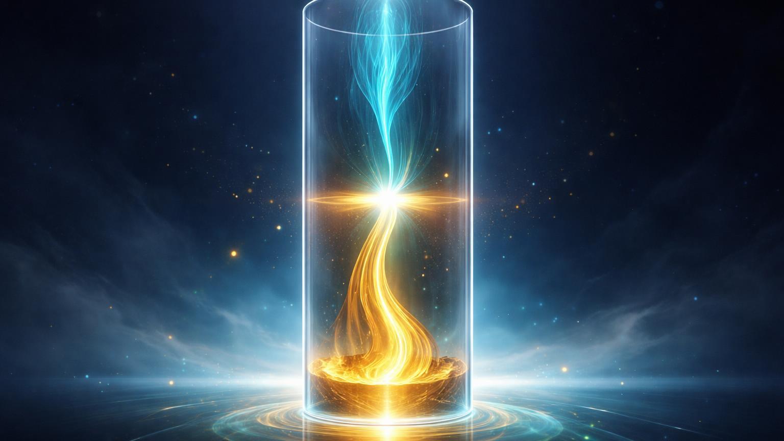 Pilar glassmórfico translúcido com ouro líquido dourado e energia cyan fundindo no centro, simbolizando evolução das stablecoins com JupUSD e Scudo