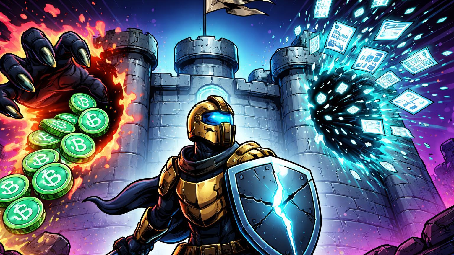 Fortaleza digital cartoon com brechas de hack na Kontigo e vazamento Ledger, guardião alerta simbolizando riscos ativos em cripto