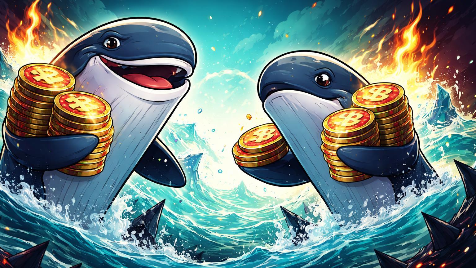 Baleias cartoon emergindo de oceano digital carregando moedas SHIB, com chamas e ondas turbulentas simbolizando alta de 13% e riscos em Shiba Inu