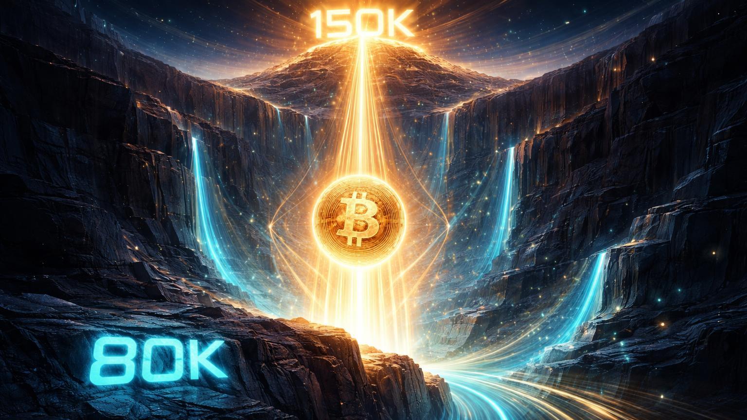 Núcleo dourado Bitcoin ascendendo de cânion digital de 80K para pico 150K, simbolizando fundo on-chain e projeções altistas para traders