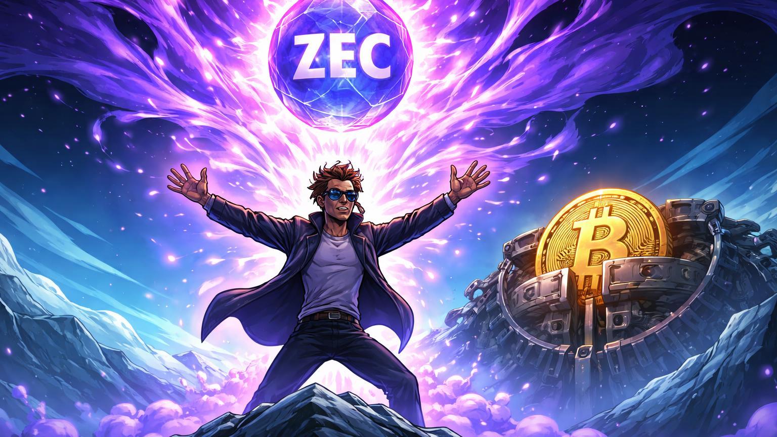 Visionário cartoon Arthur Hayes liberando explosão roxa de privacidade com ZEC central, BTC dourado limitado por halving ao fundo