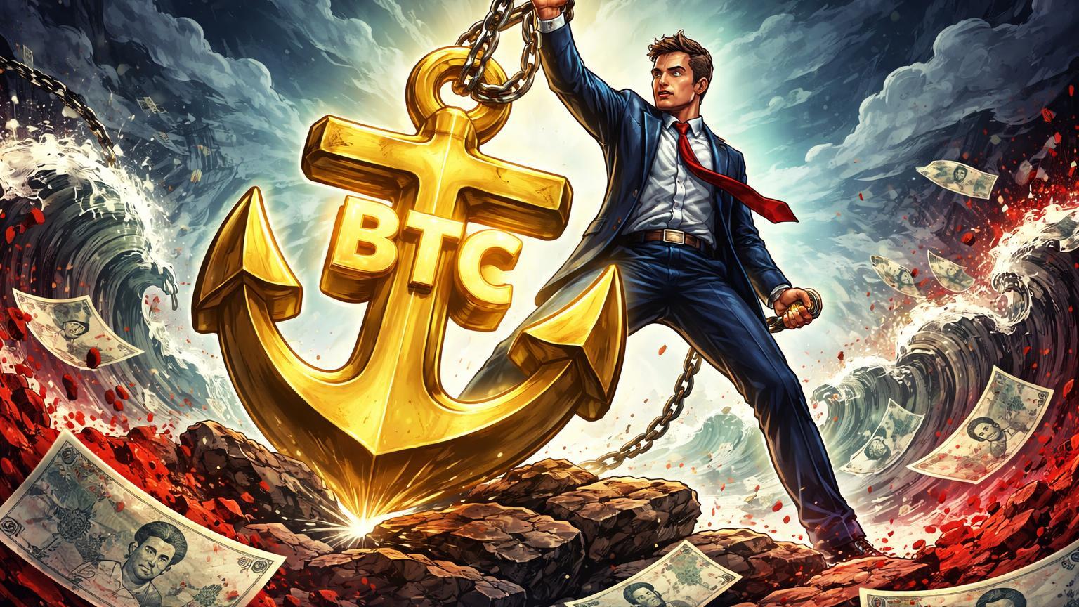 Investidor cartoon ergue âncora BTC dourada resistindo ondas de papel-moeda colapsando, simbolizando refúgio em crise do Rial e ETF Bitcoin