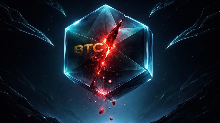 Núcleo hexagonal do Bitcoin Core com fissura vermelha crítica e redes de contenção, representando bug de segurança e riscos de apreensão