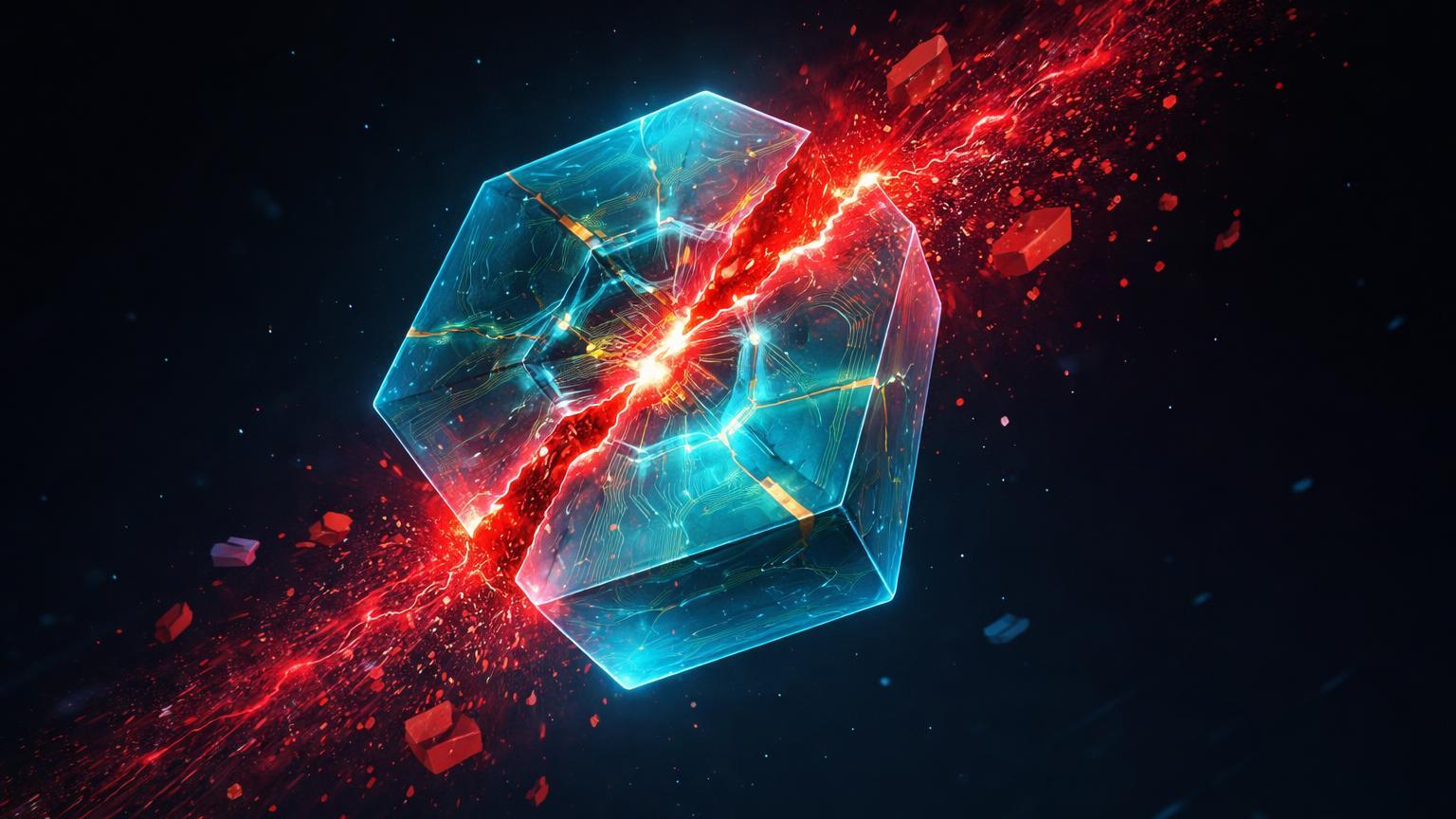 Núcleo hexagonal cristalino de Bitcoin com fissura vermelha corrosiva dissipando dados, simbolizando bug crítico no Core v30