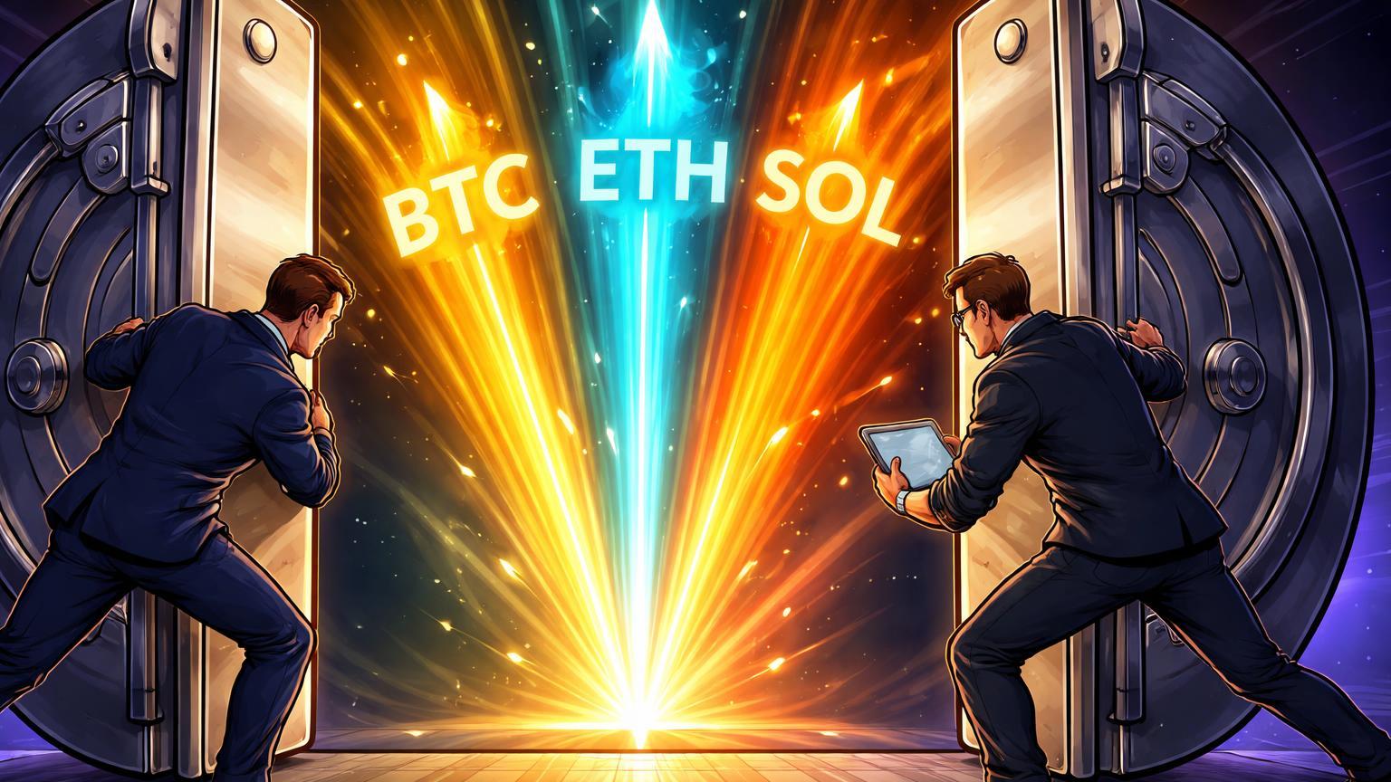 Executivos cartoon abrindo cofre institucional com feixes BTC dourado, ETH cyan e SOL laranja, simbolizando ETFs pedidos pela Morgan Stanley