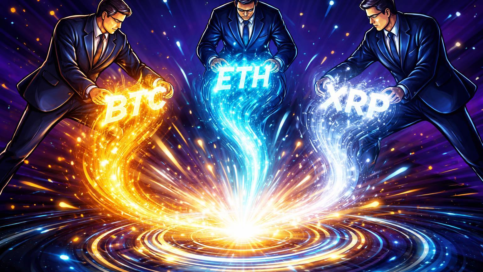 Executivos cartoon canalizando fluxos dourados, cyan e prata com siglas BTC, ETH e XRP para vórtice central, simbolizando inflows recordes em ETFs cripto