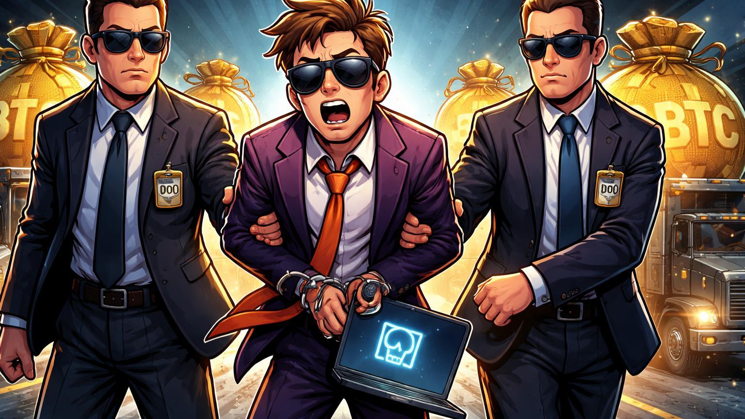 Fraudador cripto cartoon algemado por agentes DOJ com sacos BTC apreendidos sendo levados, simbolizando prisão de mestre de scams no Camboja