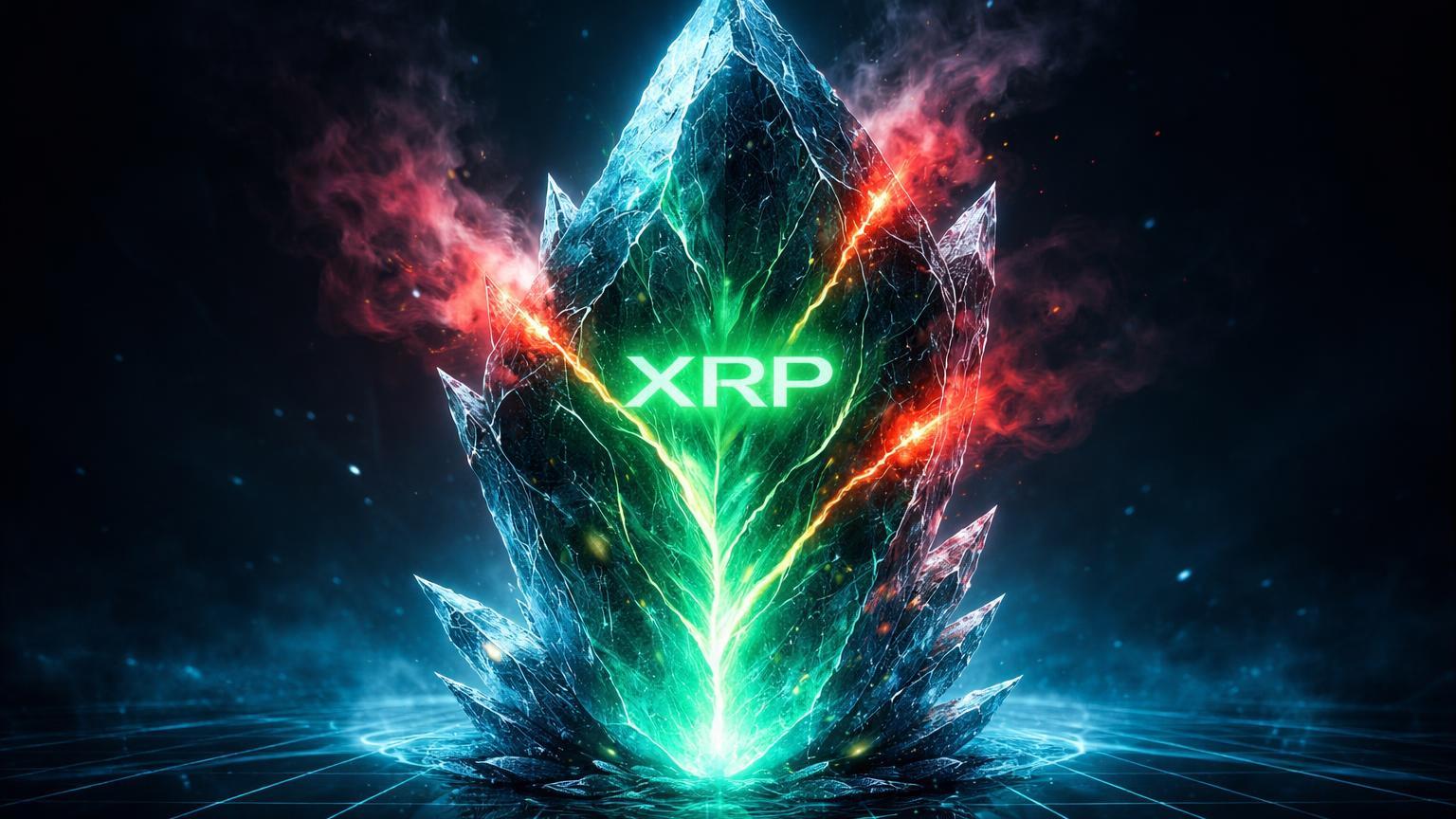 Cristal XRP pulsando em verde neon com rachaduras vermelhas geladas, capturando euforia da CNBC e alerta de sobrecompra técnica