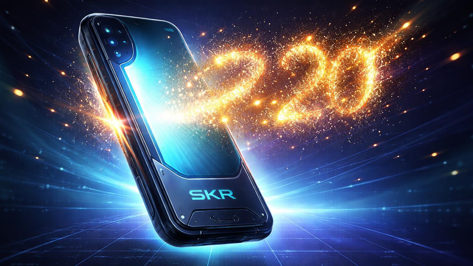 Dispositivo móvel SKR translúcido liberando onda de partículas douradas com 20%, simbolizando lançamento e airdrop da Solana Mobile