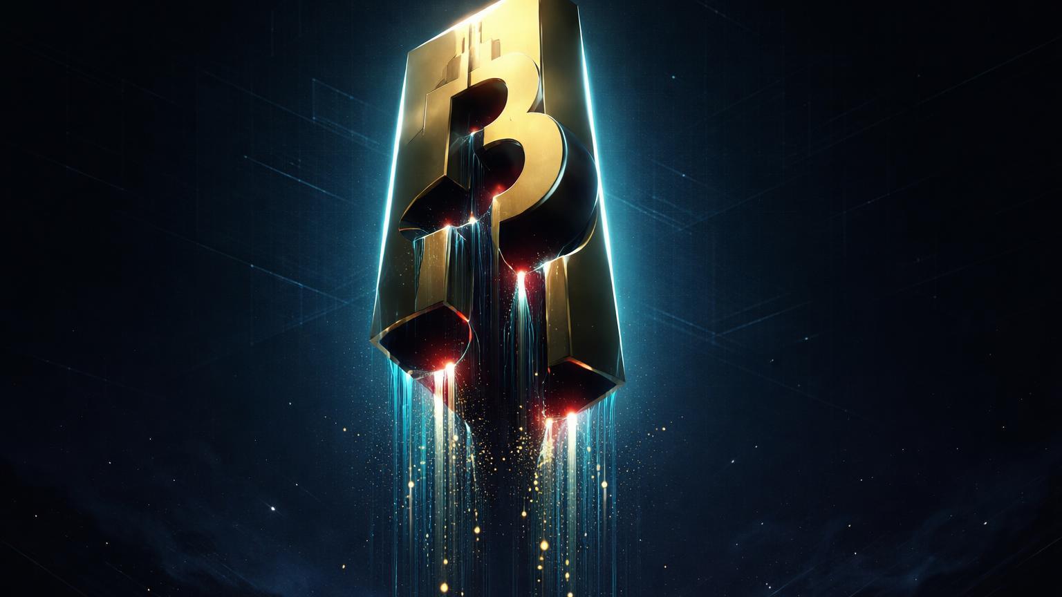 Monolito Bitcoin dourado com gaps negros sugando energia cyan, simbolizando selloff cripto e gaps no CME futures