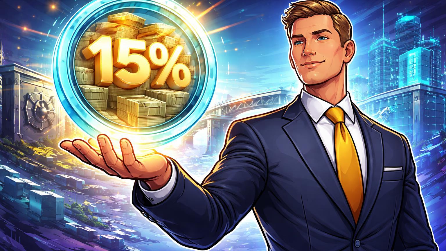 Executivo cartoon de terno apresentando stablecoin translúcida com yield 15% glow e títulos públicos internos, simbolizando inovação em renda fixa cripto brasileira