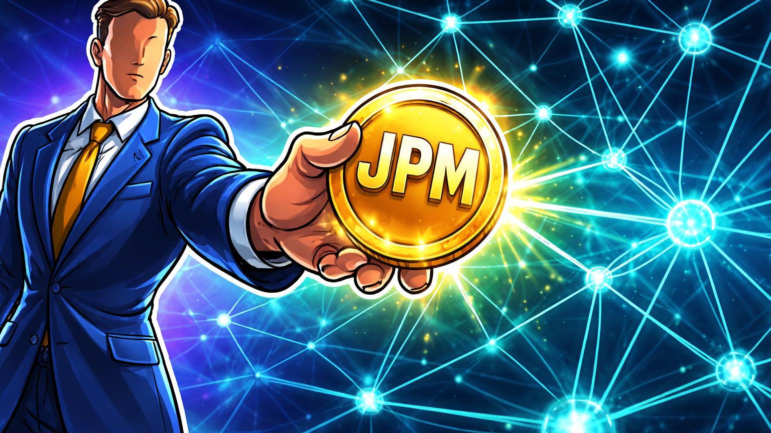 Executivo cartoon conectando moeda JPM Coin a rede digital privada, simbolizando integração do JPMorgan na Canton Network e adoção institucional