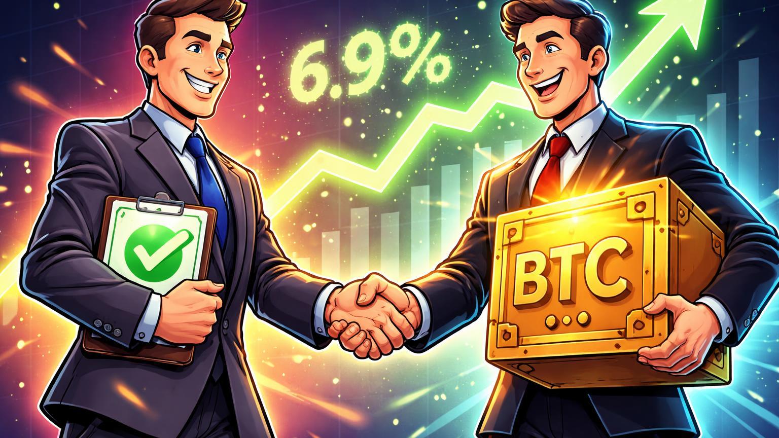 Executivos cartoon do MSCI e Strategy apertando mãos sobre cofre BTC aprovado, com gráfico ascendente, celebrando manutenção em índices globais