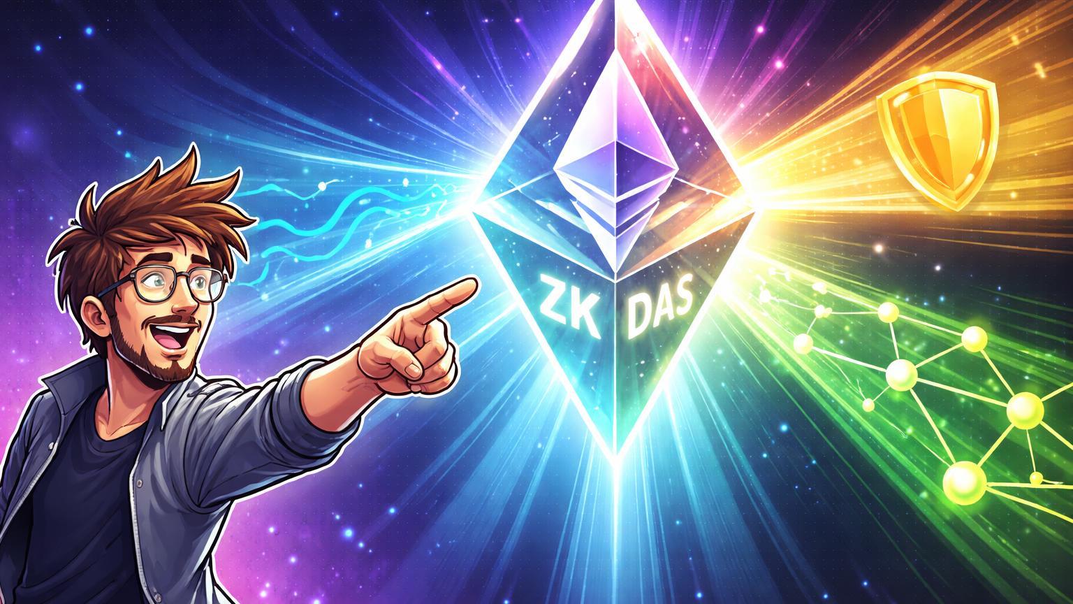 Visionário cartoon apontando prisma Ethereum refratando luz cyan, dourada e verde em harmonia perfeita, celebrando superação do trilema com ZK-EVM e PeerDAS