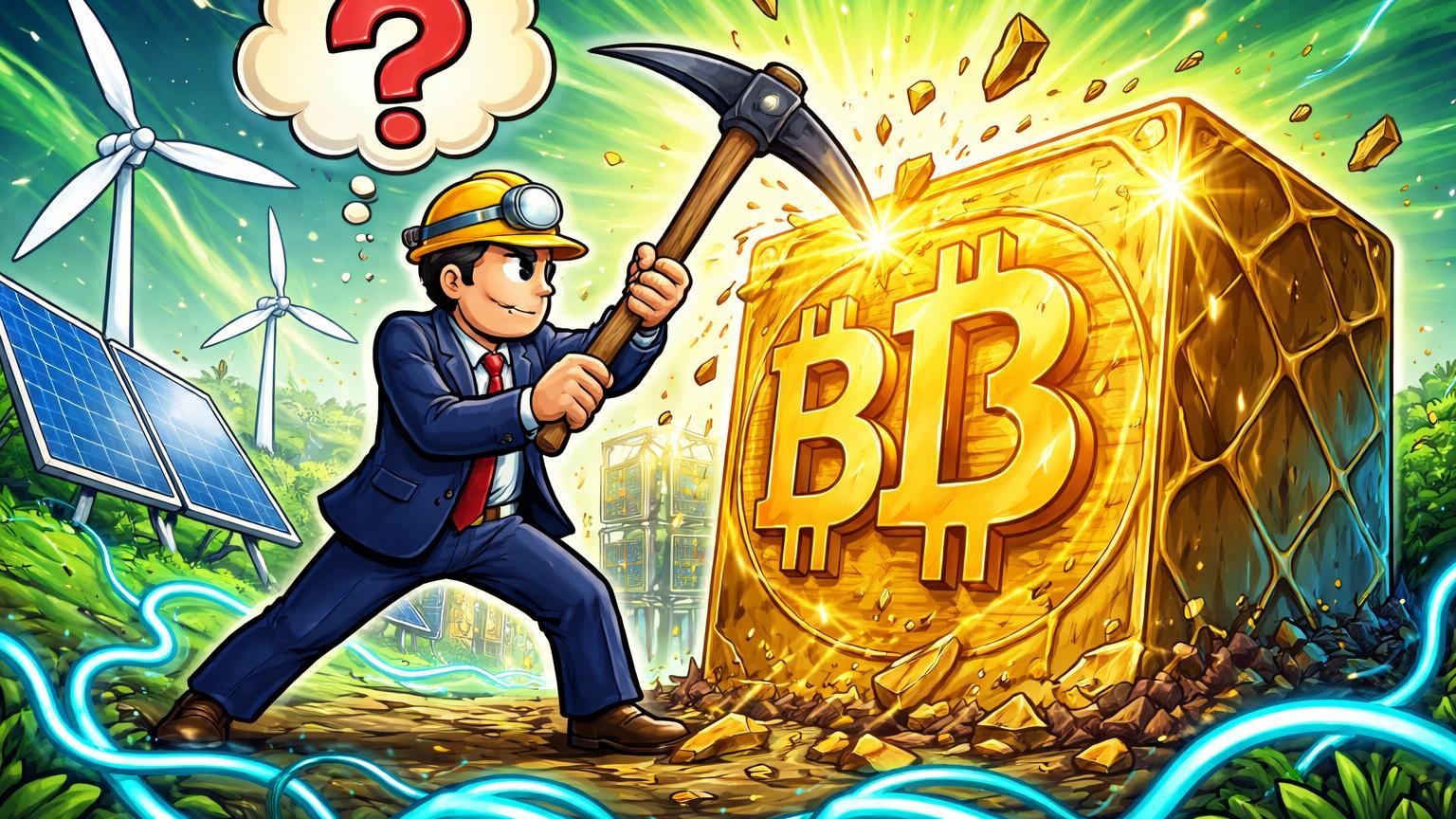 Personagem cartoon estatal minerando bloco BTC com picareta em meio a painéis solares e turbinas eólicas, com interrogação simbolizando polêmica do plano do Ceará