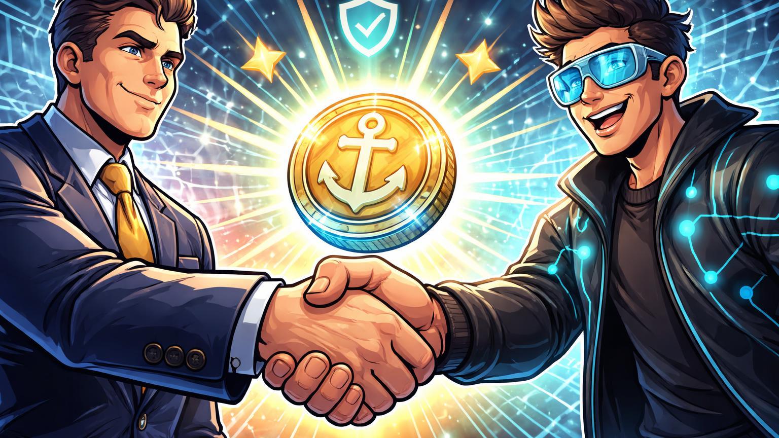 Executivos cartoon de banco tradicional e tech apertando mãos sobre âncora stablecoin luminosa, simbolizando investimento da Barclays em Ubyx