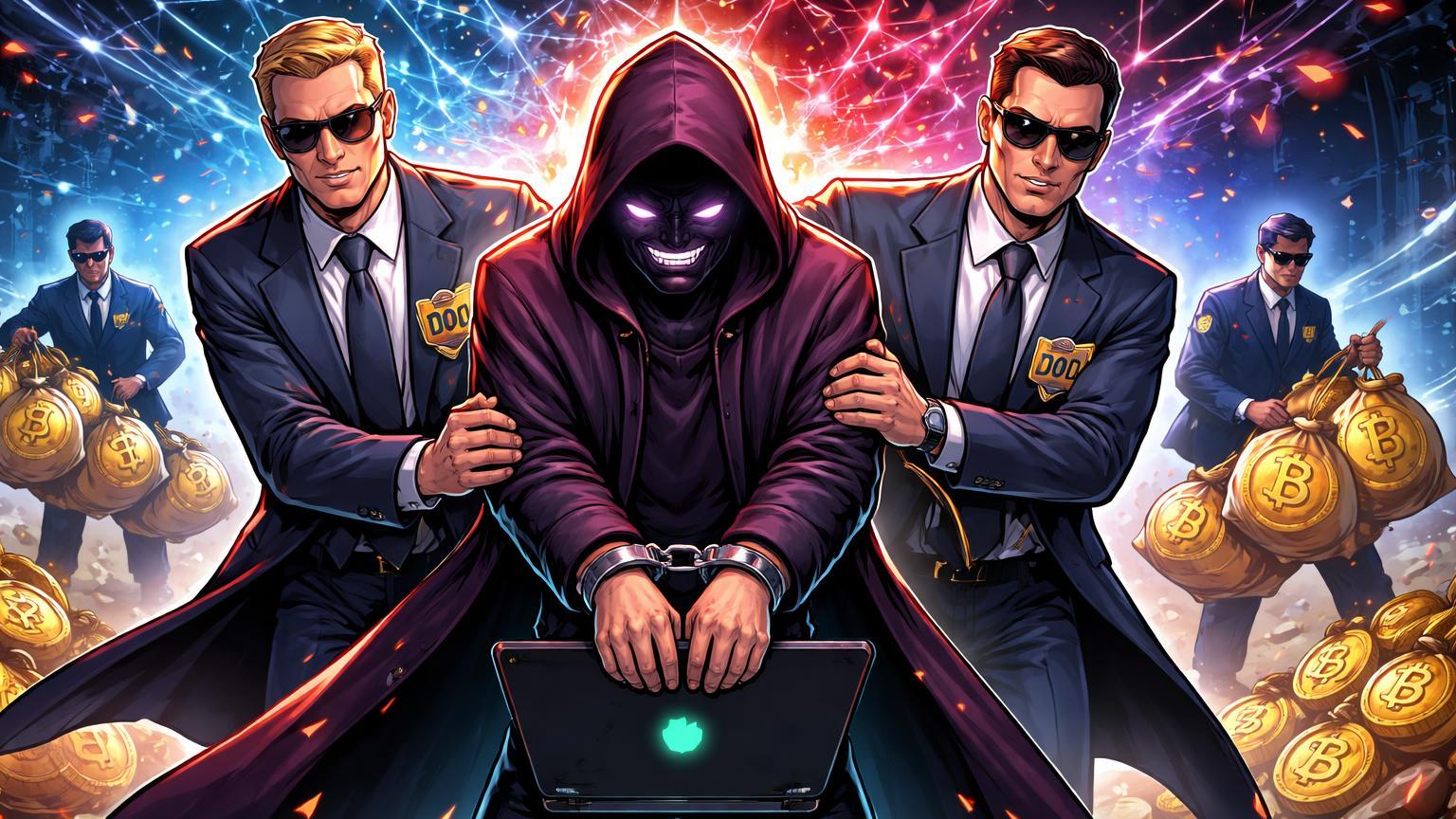 Vilão cibernético cartoon algemado por agentes DOJ com pilhas de Bitcoin recuperadas, simbolizando prisão de líder de scam de US$12 bi