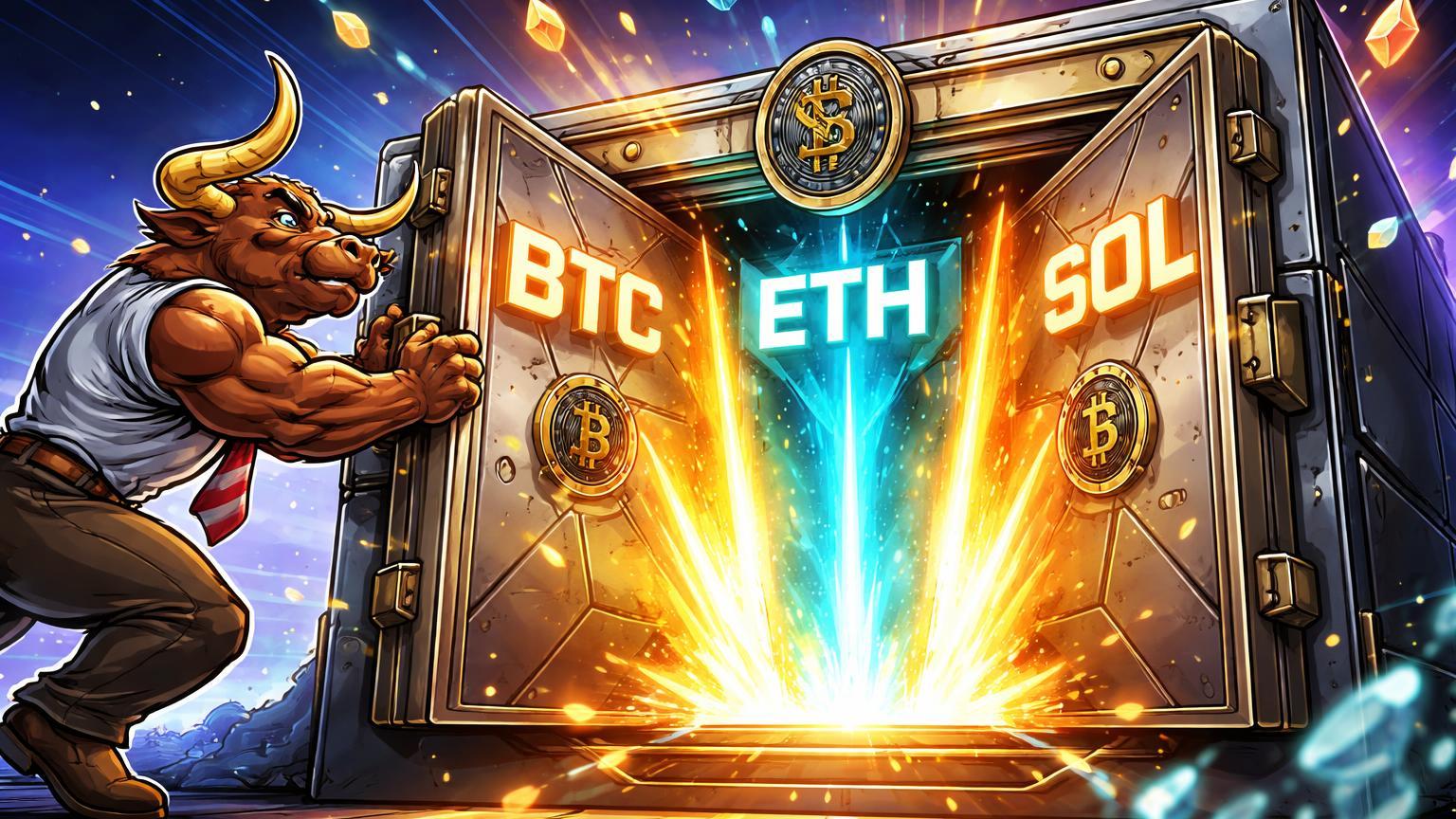 Touro Wall Street cartoon abrindo cofre SEC com siglas BTC, ETH e SOL emitindo raios luminosos, sinalizando ETFs bullish de Morgan Stanley