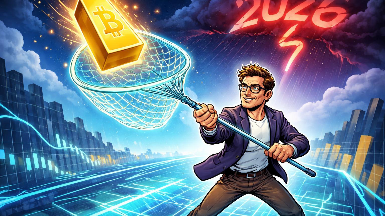 Investidor cartoon capturando ETF Bitcoin caindo com rede luminosa, nuvem com 2026 ao fundo, simbolizando buy the dip e alerta de crise