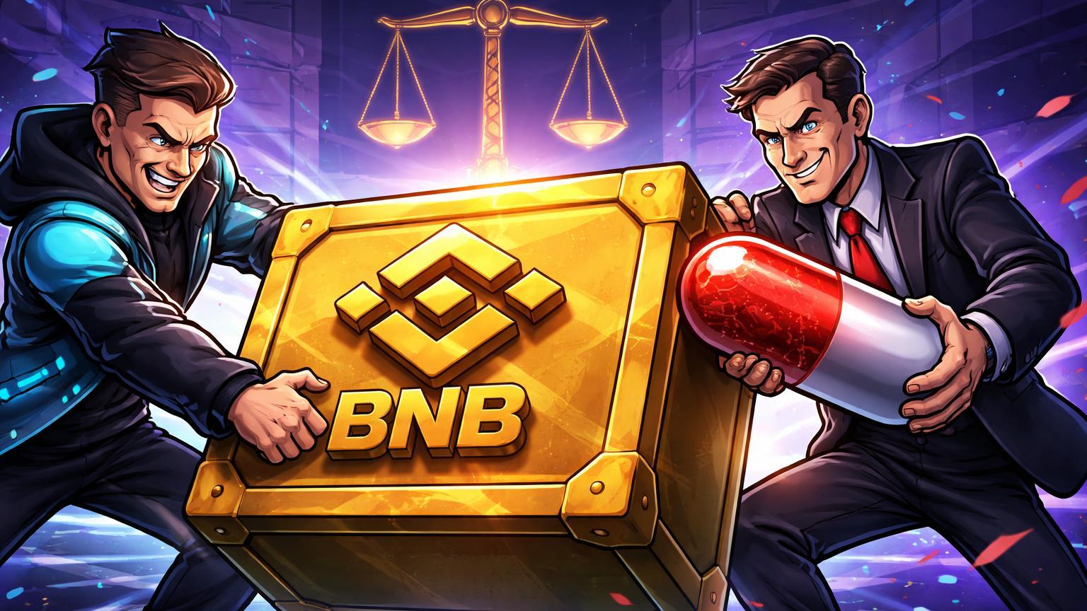 Personagens cartoon YZi e CEA disputando cofre BNB com pílula poison pill vermelha, representando briga por tesouraria e governança cripto
