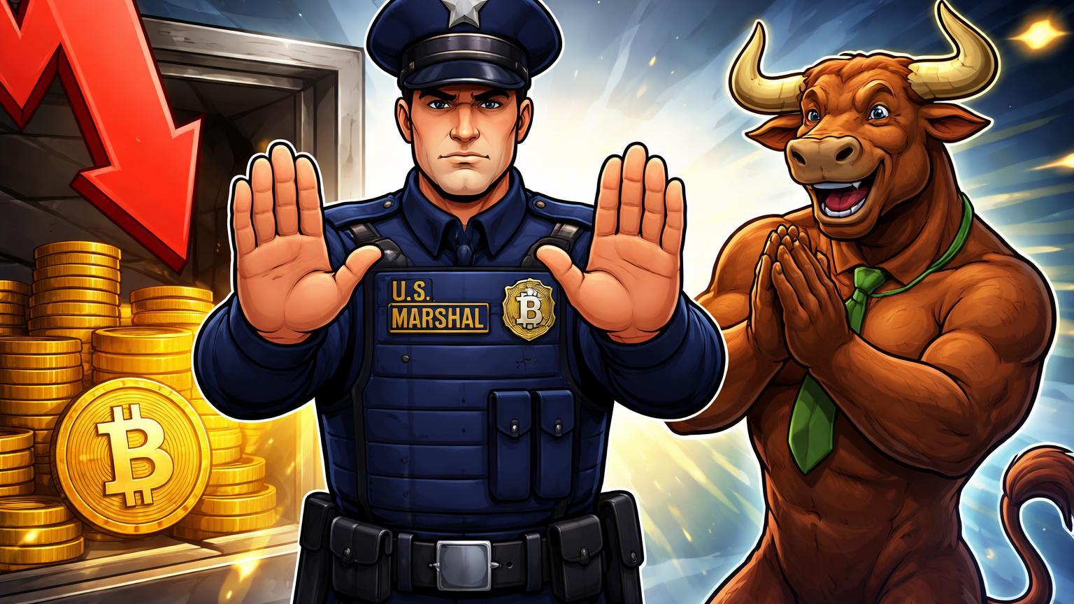 Oficial US Marshals cartoon bloqueando seta de venda sobre pilha de BTC intacta com touro aliviado, confirmando bull market intacto
